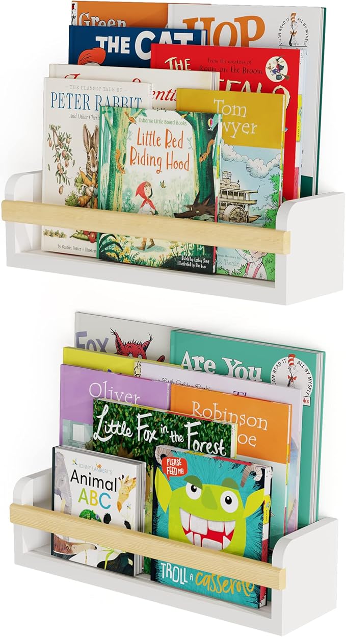 Wallniture Florida 24 inch Wall Bookshelf for Kids Room, Floating Shelves Nursery Decor, Wood White Wall Shelf Set of 2 Kitchen, Bathroom Decor (16'')