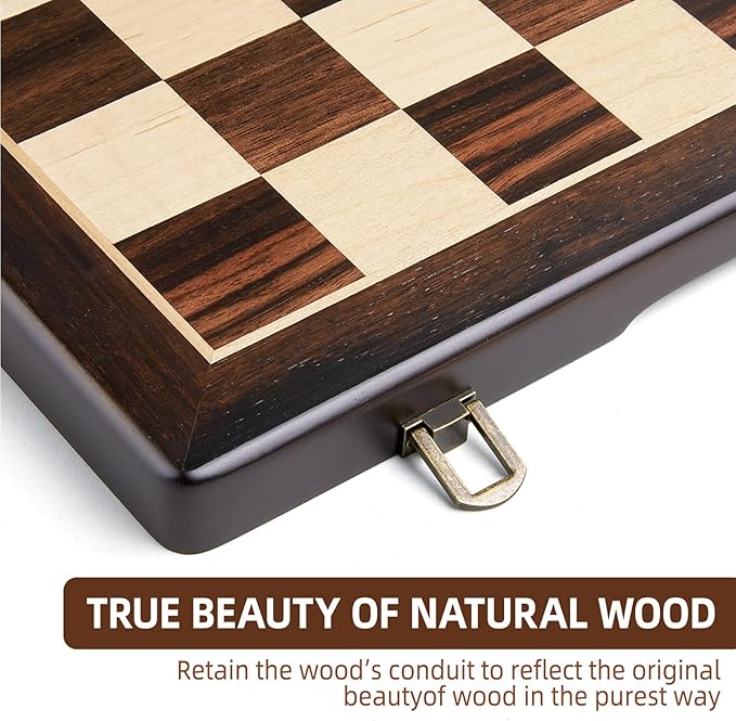 Magnetic Wooden Chess Set for Adults Kids,15" Folding Chess Board with Wood Texture 2 Extra Queens - Handmade Pieces Travel Board Games for Professional Beginner