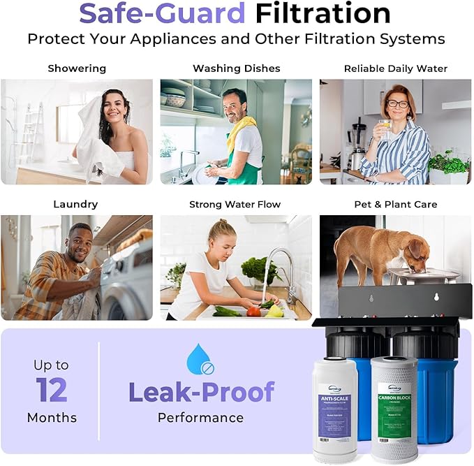 iSpring WGB21B-DS+AHPF12MNPT16X2 2-Stage Whole House Water Filtration System w/CTO Filter and Anti-Scale Filter, 3/4" Push-fit Stainless Steel Hose Connectors, Reduces Scale, Corrosion, Chlorine