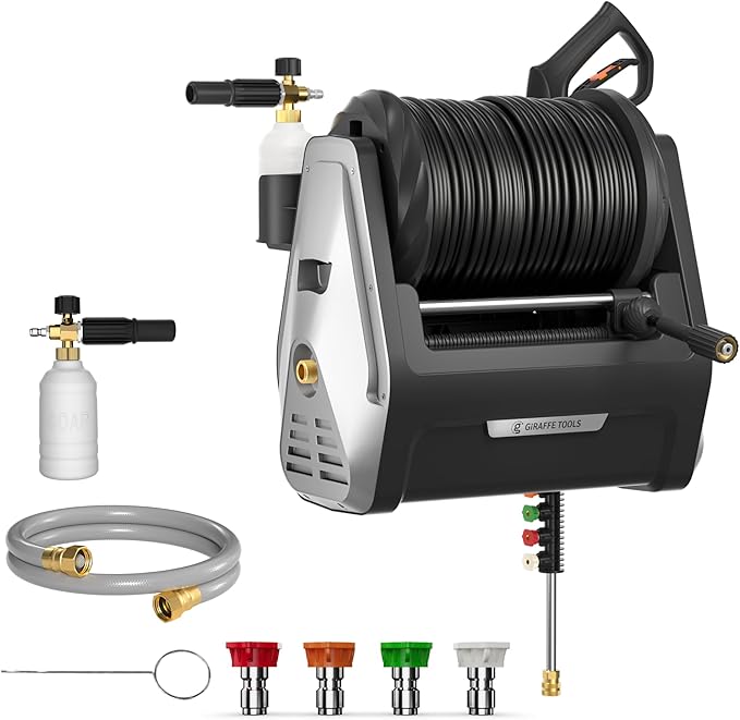 Giraffe Tools Wall Mounted Pressure Washer G30 with Upgraded 1800W Motor, Max 2900 PSI, 2.2 GPM Electric Power Washer with 100ft Retractable Black Pressure Hose, Automatic Rewind, Light Silver