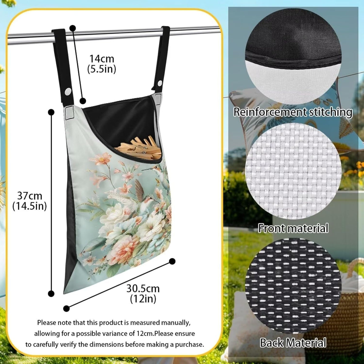 Hummingbird Floral Clothes Pin Bag to Hang On Line Reusable Clothespin Holder Laundry Room Clothespin Holder with Large Opening Space-Saving Clothespin Storage Solution