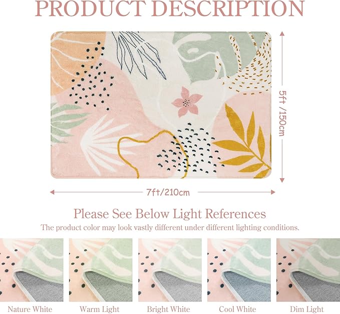 Lahome Pink Rug for Living Room - 5x7 Area Rug Washable Non-Slip Boho Rugs for Bedroom Throw Cute Soft Kids Nursery Rug, Abstract Botanical Print Carpet for Classroom Dorm Entryway Office Dining Room