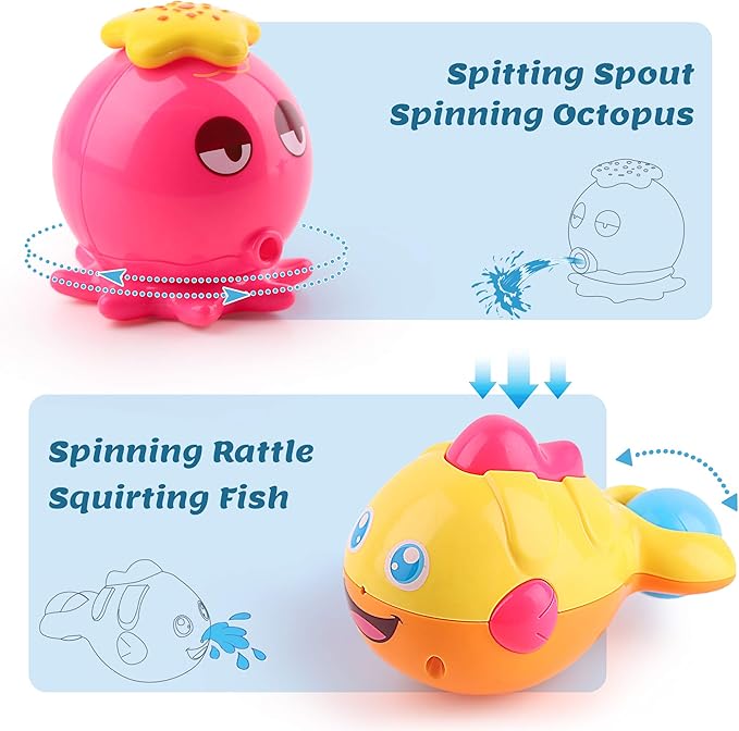 iPlay, iLearn Baby Bath Toys w/ Organizer, Water Squirting Octopus, Wind Up Swimming Turtle, Bathtub & Shower, Stacking Cups, Gift for 6, 9, 12, 18 Months 1, 2, 3 Years, Toddlers, Girls, Boys & Kids