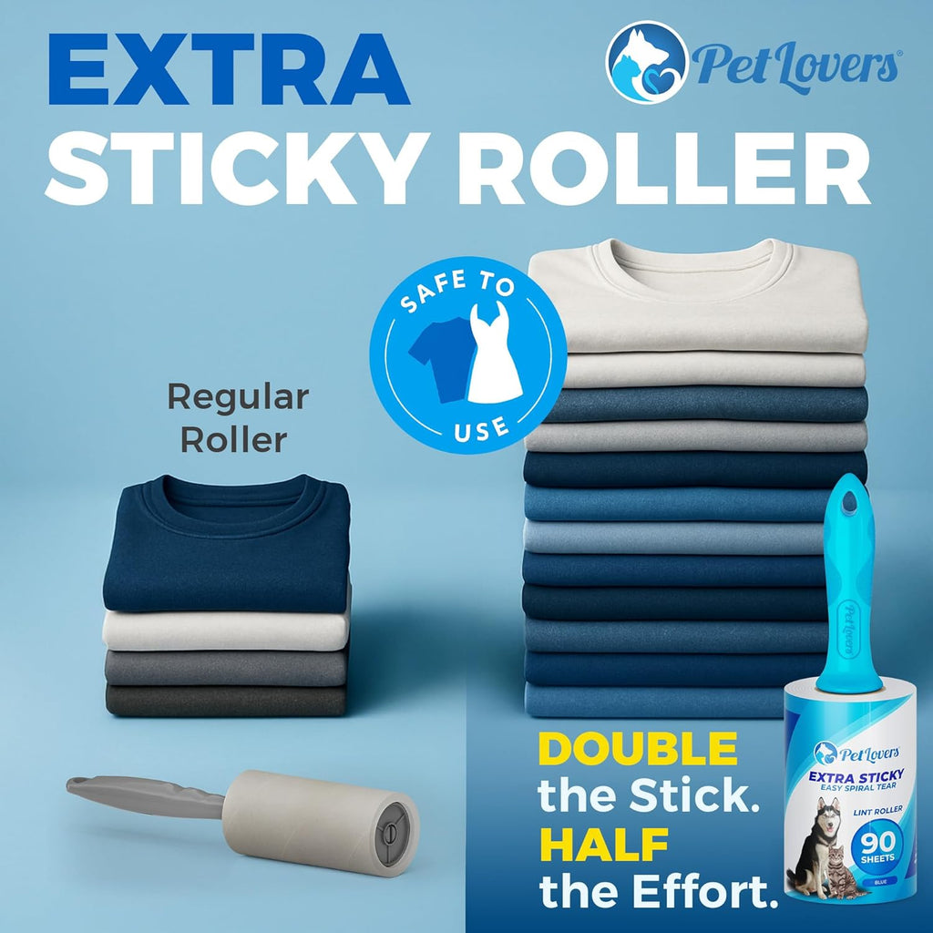 PetLovers Extra Sticky Lint Roller Mega Value Set 450 Sheets for Pet Hair Removal and Clothes, Dog and Cat Lint Remover 5 Pack Light Blue