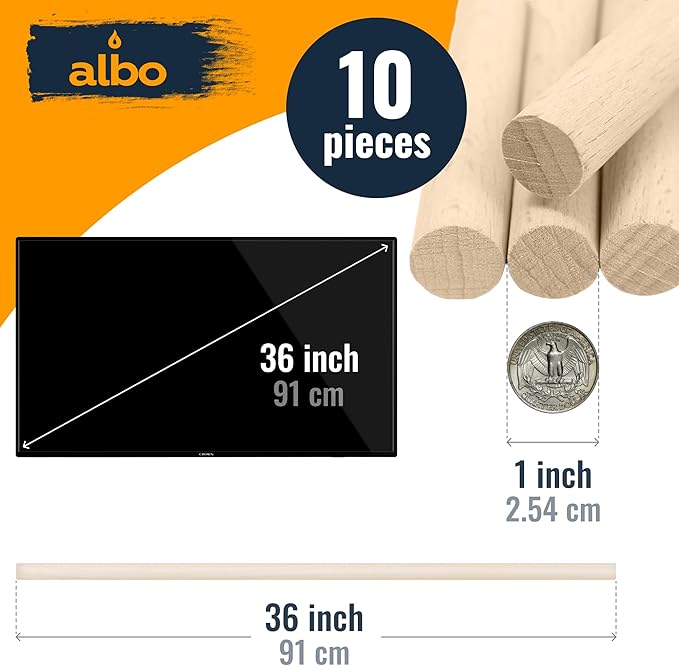 Albo 1" x 36" Wooden Dowel Rods Set - 10 Pack Birch Natural Long Craft Sticks Woodworking Furniture Garden Structures Hardwood Sanded Smooth Railings Supports Decor Crafts DIY Projects