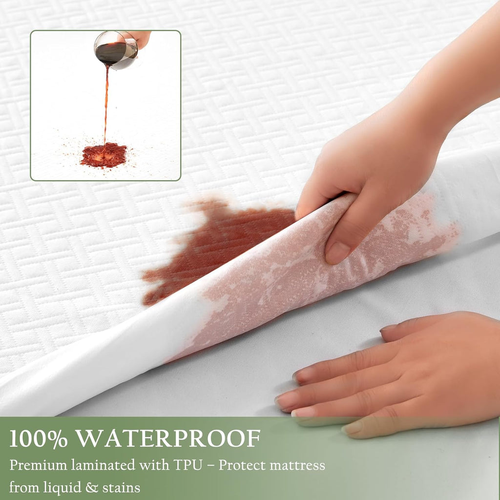100% Waterproof Queen Mattress Protector, Breathable Bamboo Rayon Mattress Cover with 8”-21” Deep Pocket, Noiseless Cool 3D Air Mattress Cover, Hypoallergenic & Odor Resistant
