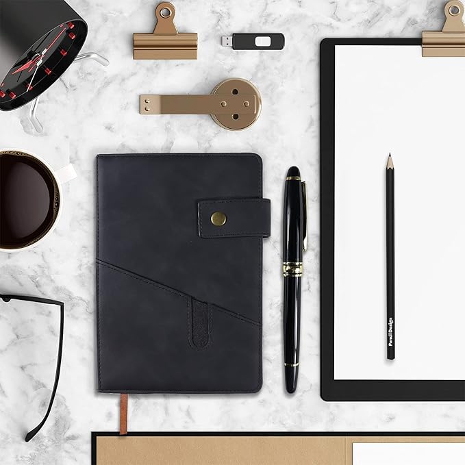 Black A5 Lined Leather Journal Notebook for Men Women,5.9" X 8.4" Personalized Hardcover Journal with Pen,200 Pages 100 Gsm Thick Ruled Paper Daily Diary for School,Travel,Work,Writing