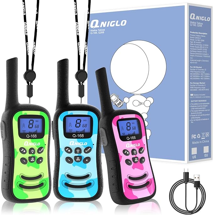 Qniglo Kids Walkie Talkies Rechargeable with USB Charger, 3 Pack Walki Talki for 3-12 Years Old Boys Girls Toys Gifts, Walkie-Talkies with Flashlight Lanyard for Camping Games and Indoor Playing