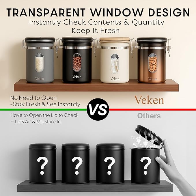 Veken Coffee Canister with Window,Airtight Stainless Steel Kitchen Food Storage Container, Date Tracker & Scoop for Grounds Coffee, Beans, Tea,Flour,Cereal,Sugar,22OZ,Copper