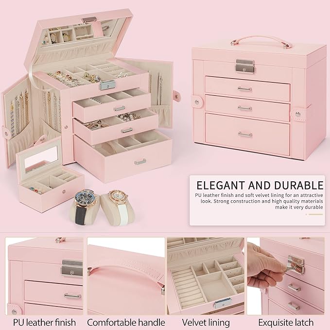 AKOZLIN 4-Tier Jewelry Box Lockable Leather Jewelry Storage Case Organizer with 3 Drawers for Women Girls Ring Necklace Earring Bracelet Watches Holder with Mirror Pink