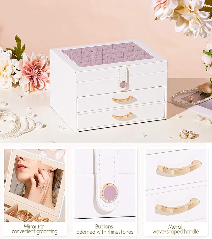 White Jewelry Box Organizer: Home Decor for Women - 2-Drawer Holder for Valentine’s Day Birthday Christmas White Grey-Purple