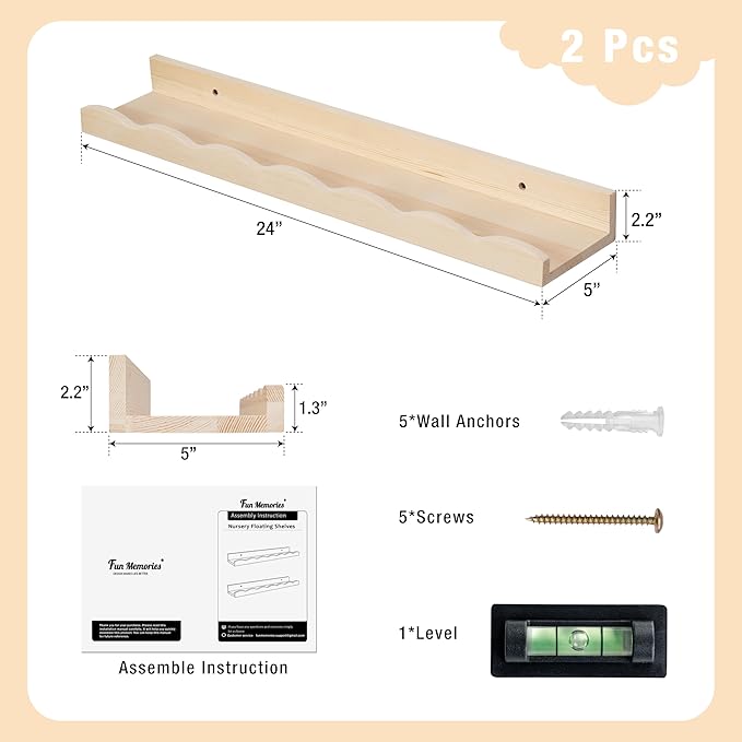 Fun Memories Picture Ledge Shelf for Wall, 24 inch Pine Wood Nursery Book Shelves Set of 2- Wall Book Shelves for Kids Room, Home Decor - Kitchen Spice-Natural.