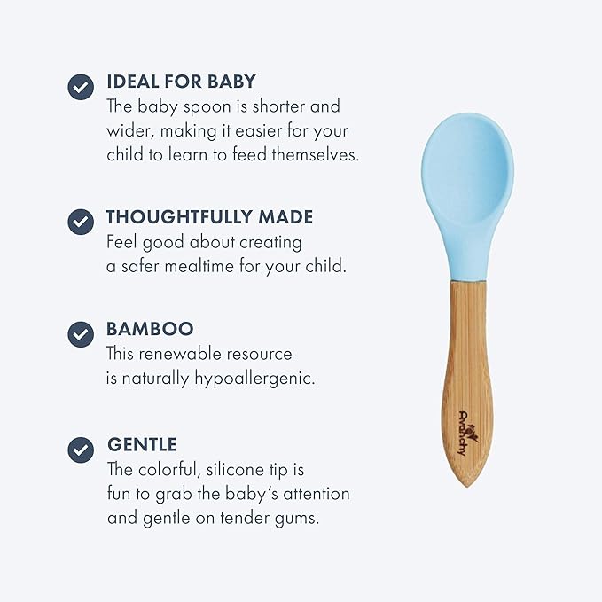 Avanchy Baby Spoons 5 Bamboo and Silicone Set, Self Feeding Food Utensils, 4 Months Baby Led Weaning, 5 Pack W/Pink
