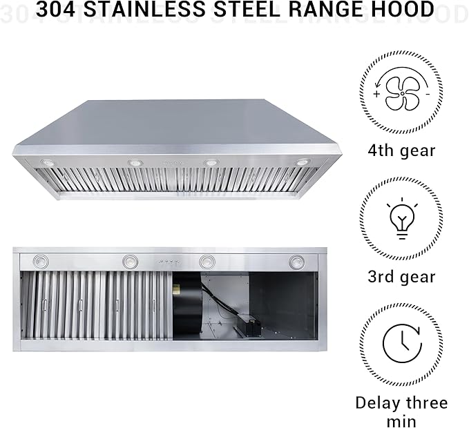 CHETTO C Stainless Steel Range Hood Cover with 4-Speed Vent Hood Insert Custom Handmade Metal Kitchen Fan with Towel Rack LED Light 54"W x21"D x24"H Black Wall Mount