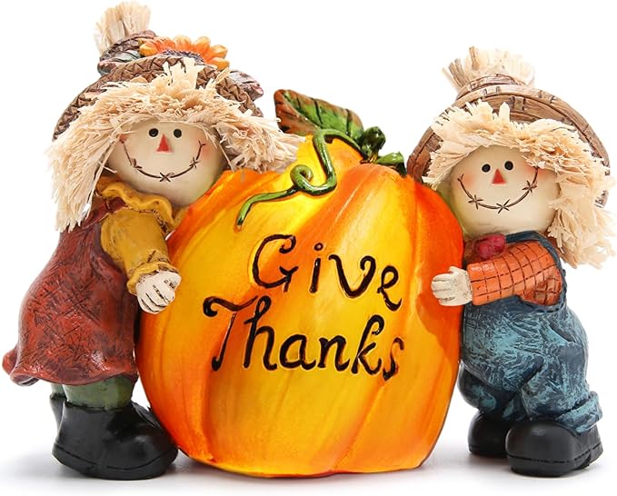Hodao Fall Thanksgiving Resin Scarecrow Pumpkin Figurines - Adorable Scarecrow Embrace Pumpkin Decorations for Home Indoor Table Decor-Fall Thanksgiving Gifts