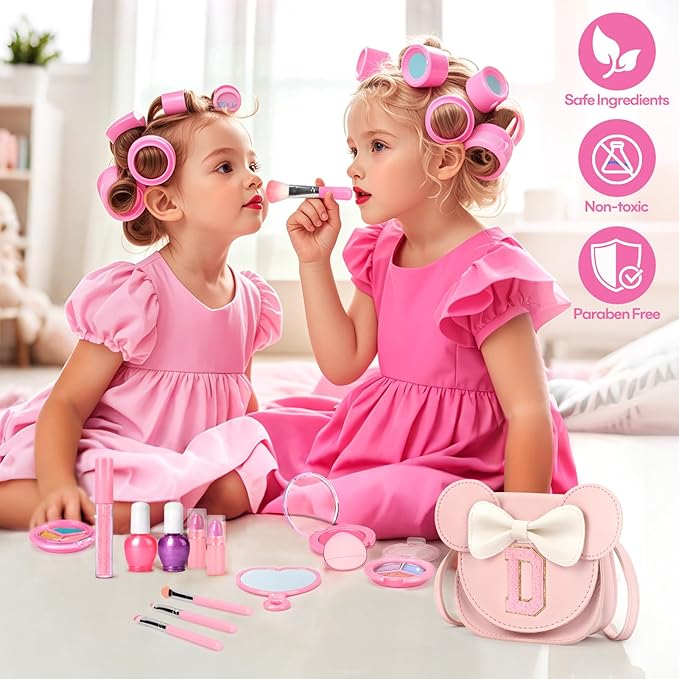 Kids Makeup Kit for Girls - 15 Pcs Real Washable Make Up Set - Non Toxic Toddlers Cosmetic with Letter Mouse Ear Purse - Dress up Birthday Gifts for 3 4 5 6 7 8 Years Old Girls - D
