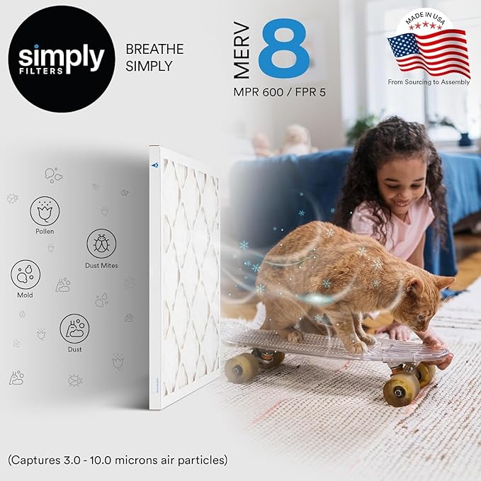 Simply 20x25x4 Air Filter, MERV 8, 6 Pack, Furnace Air Filter for HVAC (Actual Size:19.5"x24.5"x3.63") DUST, Pet, & Allergy Control