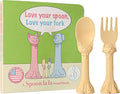 Made in USA Spoon la la Toddler Utensils Set (2 Pack) & Board Book - Spoon & Fork for Kids, Self-Standing 3D Ergonomic Cat & Dog Handles, BPA-free, Dishwasher Safe Baby Silverware (Yellow)
