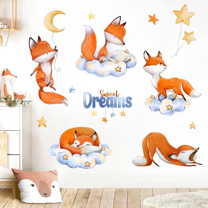 Yovkky Sweet Dream Sleeping Fox Wall Decals Stickers, Cloud Moon Stars Neutral Toddler Baby Nursery Decor, Cute Home Decorations Kids Bedroom Playroom Art