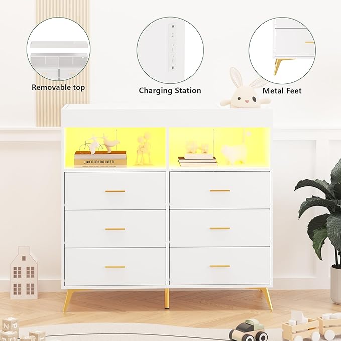 GarveeHome Dresser for Bedroom with 6 Drawers, Baby Changing Table Dresser with Changing Pad, LED Lights & Charging Station, Baby Changing Station with Changing Table Top, White