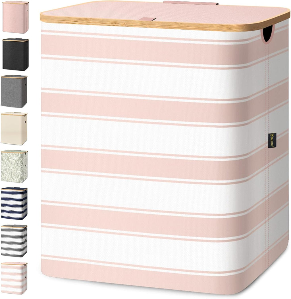 BALEINE Laundry Hamper with Lid, Tall Laundry Baskets with Bamboo Pull Handles, Large Laundry Bin with Internal Support (36 Gal/140L, Pink Stripe)