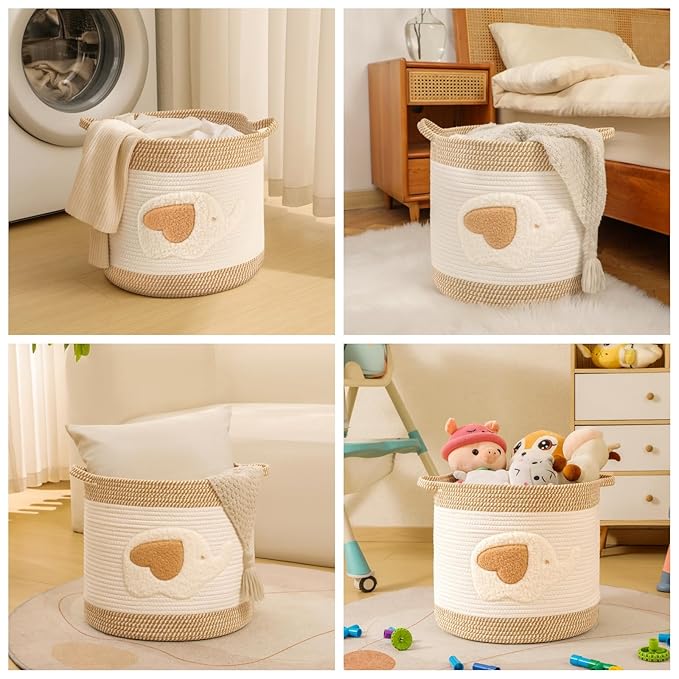 Large Blanket Baskets for Living Room Decor, Toy Storage Baskets Woven Cotton Rope Storage Basket for Kids, Dog Toys Organizer Clothes Hamper with Embroidery Decor for NurseryLaundry (Large, Elephant)