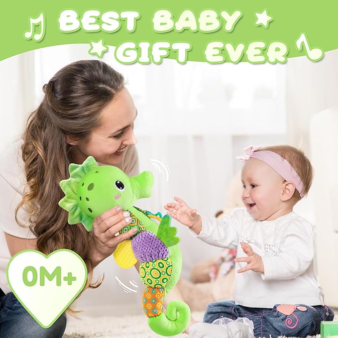 Baby Toys 0 to 12 Months, Musical Stuffed Animal Activity Soft Toys with Multi-Sensory Crinkle, Rattle and Textures, Infant Tummy Time Toys for Newborn Boys Girls, Seahorse, Green