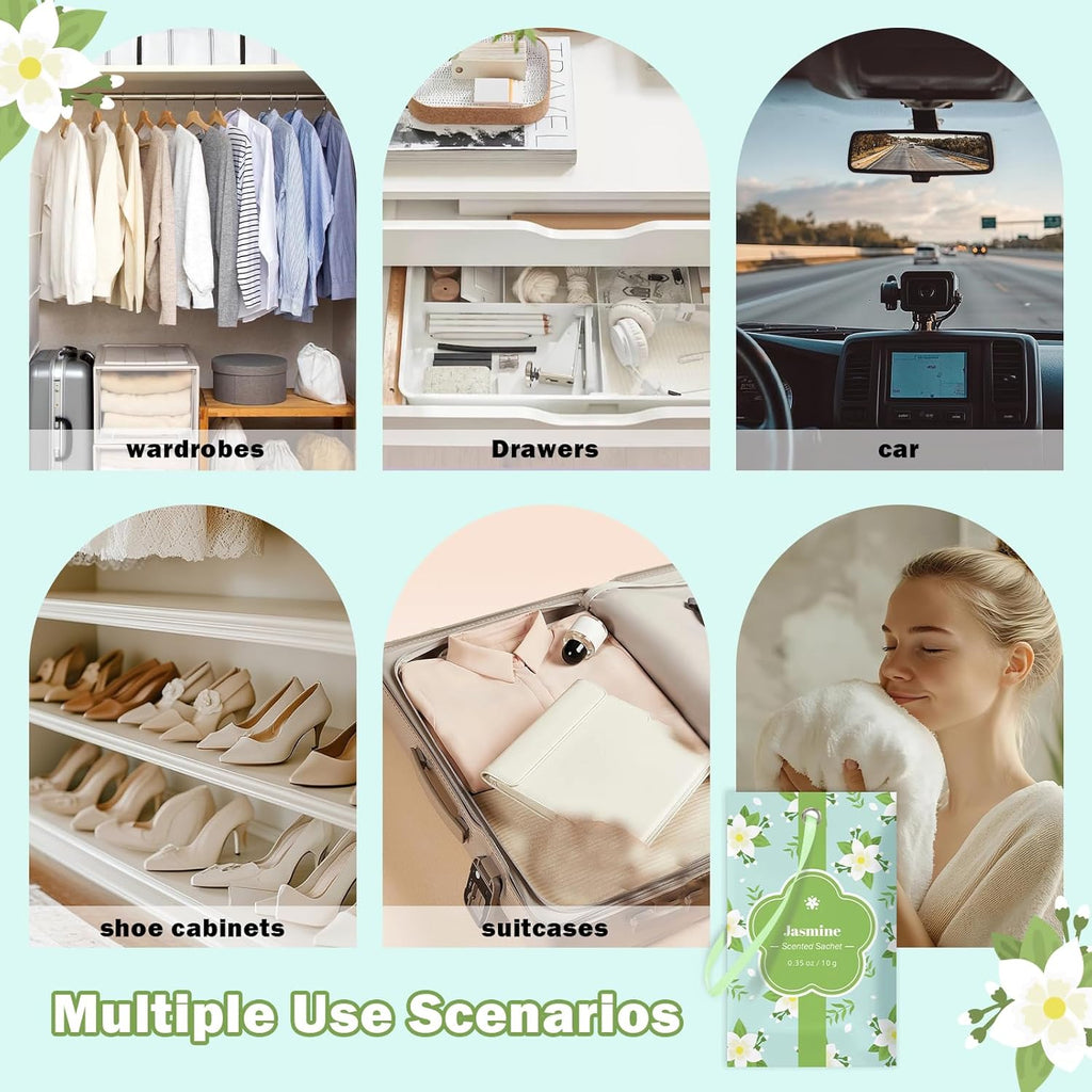 SCENTORINI Scented Sachets for Drawers and Closets, Jasmine Scent 14 Pack, Long-Lasting Sachets Bags Wardrobe Freshener, for Drawers, Closets, Cars