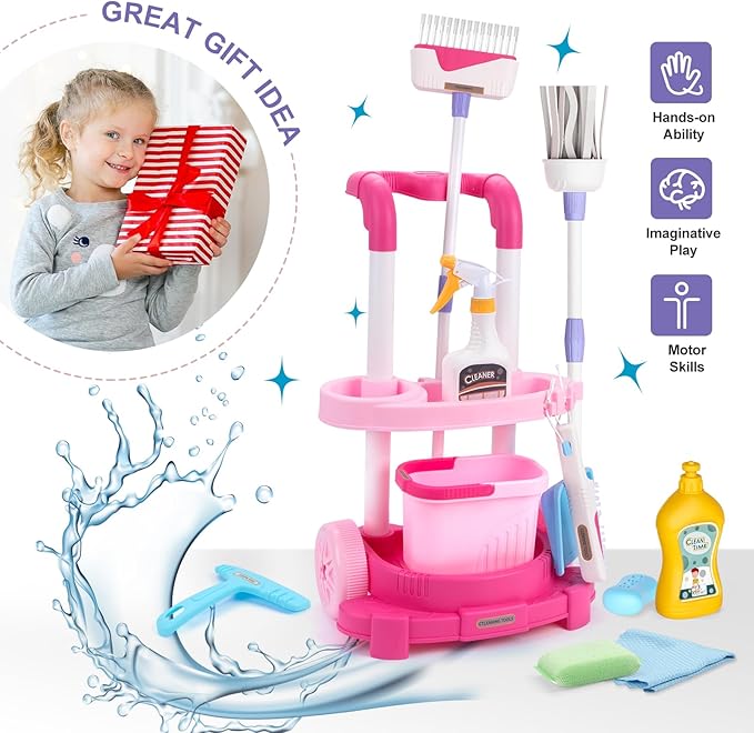 Jenilily Toddler Cleaning Set, Kids Cleaning Carts Toy Set, Detachable Kids Mop Broom Set for Toddlers - Pretend Play Educational Toy (Pink)