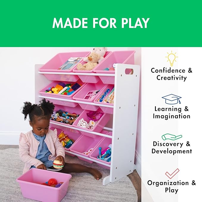 Humble Crew Kids Toy Storage Organizer with 12 Plastic Bins, White/Pink – Removable Bins for Playroom, Bedroom, Toddler Furniture for Boys and Girls Ages
