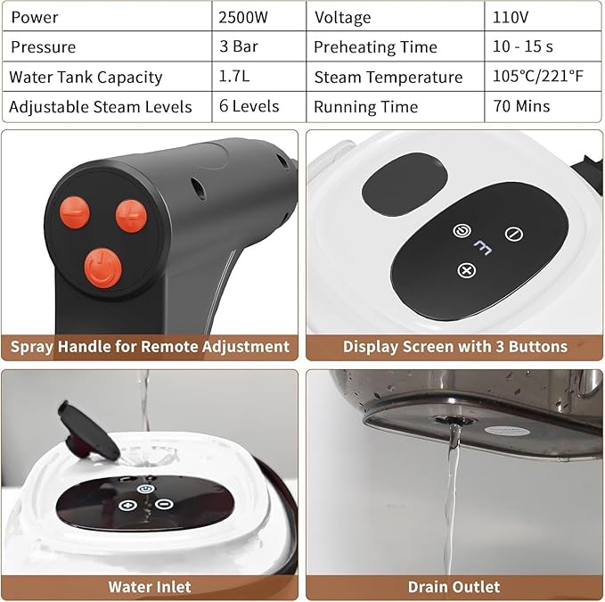 Handheld Steam Cleaner for Home, 2500W High Temperature Pressurized Machine, 1.7L Water Tank, Handle-controlled Steam Output, Portable Cleaning Steamer for Car, Bed Bugs, Furniture, Grout (White)