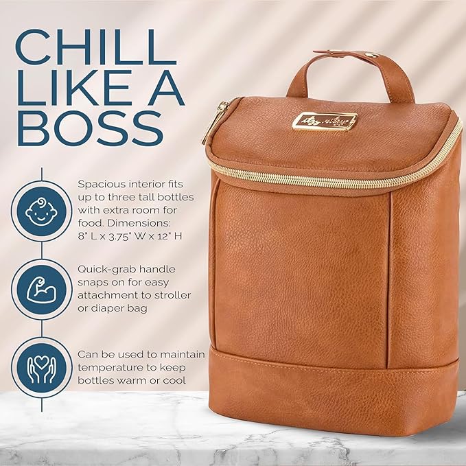 Itzy Ritzy Insulated Bottle Bag – Keeps Bottles Warm or Cool - Holds 3 Bottles & Features Interior Pocket for Ice Pack (Not Included), Cognac