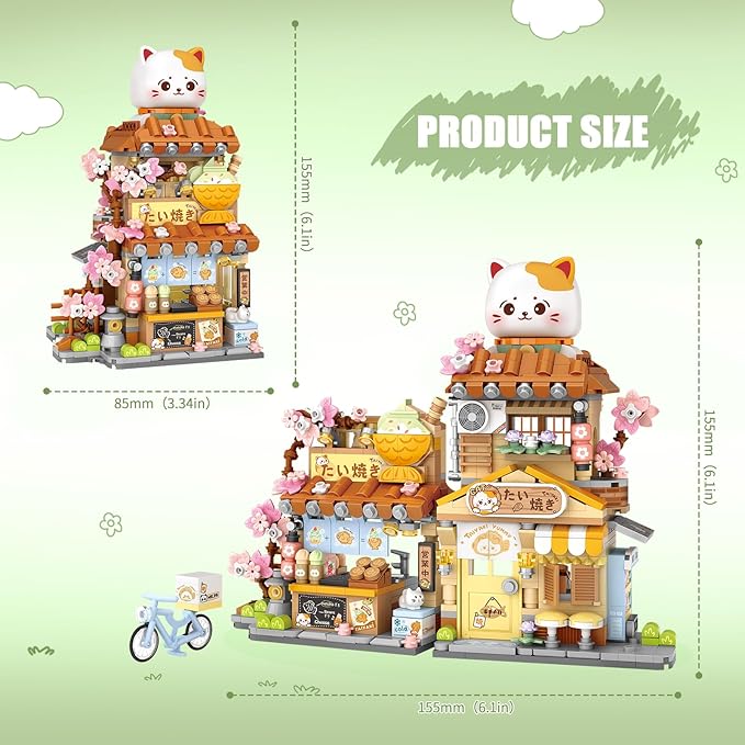 Japanese Street View Taiyaki Shop Mini Building Blocks for Girls 6-12, MOC Creative Building Toys Cute Panda Building Set, Simulation Architecture Construction Toy, Gift Idea for Kids Adults (923 PCS)