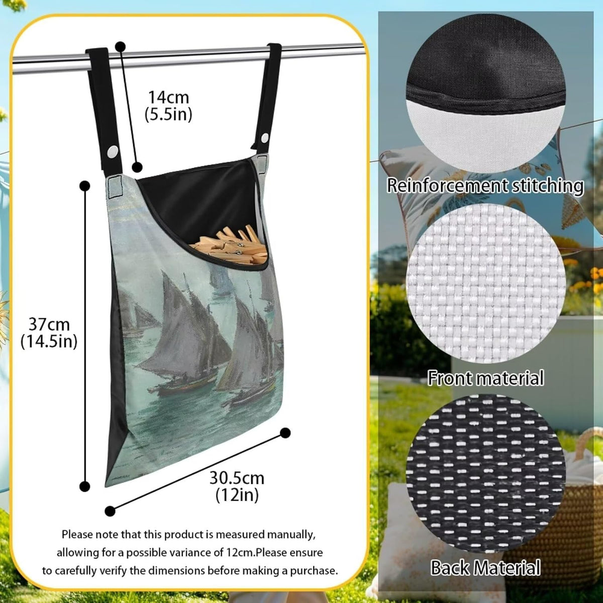 Monet Oil Painting Outdoor Clothespin Bag - Industrial Strength Windproof Storage Organizer - Heavy Duty Polyester Construction with Oversized Capacity Sailboats at Sainte - Adresse