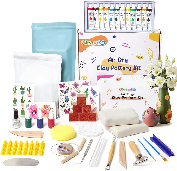 Air Dry Clay for Adults - Pottery kit for Beginne,Air Dry Clay w/Air Dy Clay Tools,White Dry Clay,Sculpting Tools, Gloss Varnish,DIY Plate Making Kit for Arts & Crafts,Christmas Gift