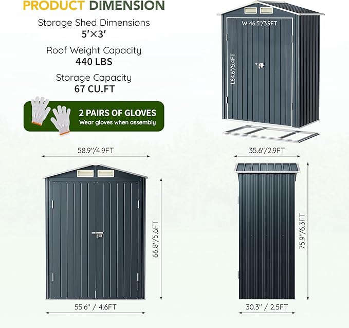 Breezz 5x3FT Vertical Outdoor Steel Storage Shed with Floor Frame, Lockable Doors, Compact Metal Tool Shed for Garden, Backyard, Patio, Utility, and Bike Storage,Nightblue