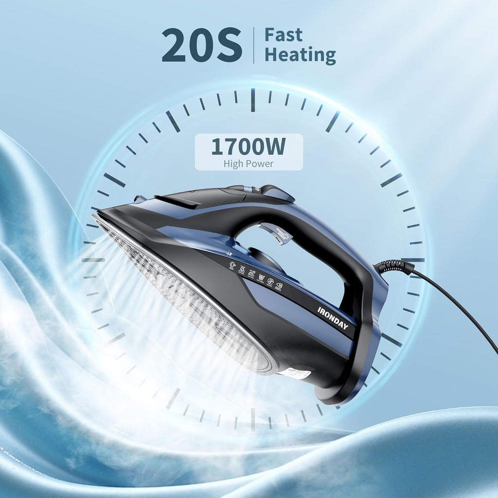 Steam Iron for Clothes Fast Heating, 1700W Iron Precision with Thermostat Dial, Ceramic Soleplate, Auto shutoff, Burst Steam, Self-Cleaning, 15.21oz Water Tank Ironing Clothes for Home, Blue