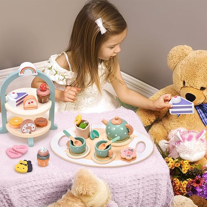 Atoylink Wooden Tea Party Set for Little Girls 28 Pcs Toddler Tea Set with Cupcake Stand & Food Pretend Play Accessories Kids Kitchen Playset Wooden Toys for 2 3 4 5 6 Year Old Girl Birthday Gift