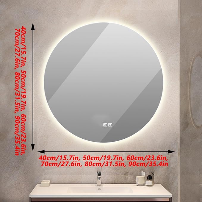 Bathroom Mirror with LED Lights and Touch Sensor, Wall Mounted Mirror with Demister Pad, 3 Colours of Light, Double Touch Button, for Entryway, Bathroom, Vanity(50cm/19.7in)