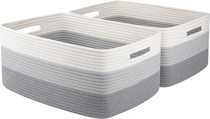 Large Storage Basket for Organizing, Woven Rope Basket for Shelves, Closet Organizer Bins for Clothes, Blanket, Toys, Baby Nursery Storage, 17.7" x 13" x 7.87", 2 Packs Gradient Grey