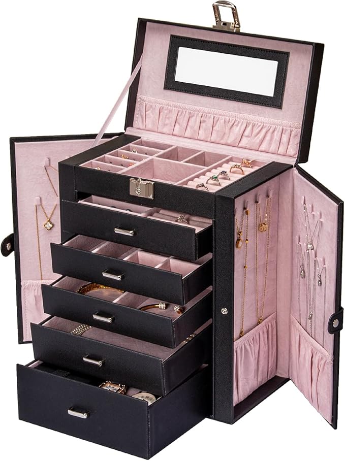 6 Tier Jewelry Box, Jewelry Case with 5 Drawers, Large Storage Capacity, with Mirror, Lockable, Jewelry Storage Organizer, Gift for Loved Ones