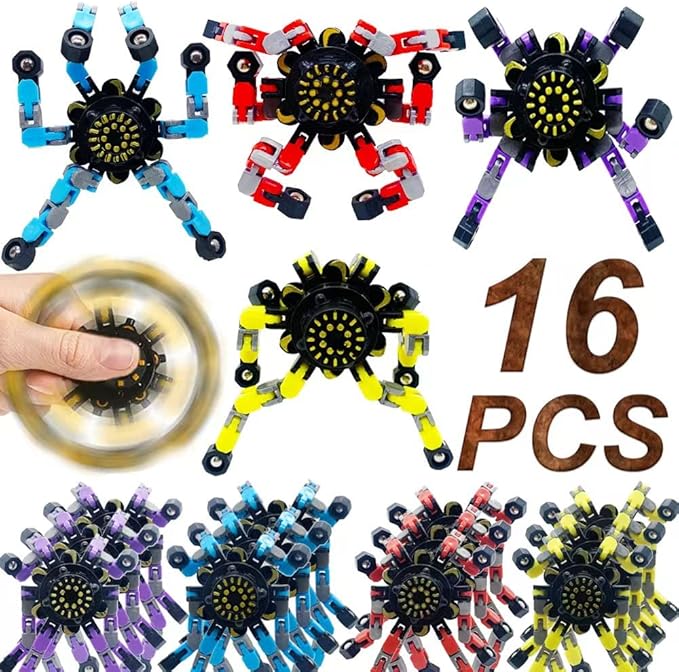 16Pc Fingertip Gyro Fingertip Mechanical Top DIY Deformation Robot Metal Transformable Gyro Spinners Finger Chain Robot Toy Changeable Face Fidget Spinners Octopus ADD ADHD Astium for Kids Adults