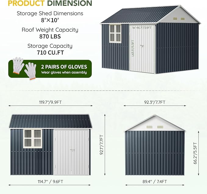 Breezz 8X10FT Outdoor Steel Storage Shed with Clear Window, Lockable Doors, Weather-Resistant Metal Tool Shed for Garden, Backyard, Patio, and Utility Storage.Nightblue