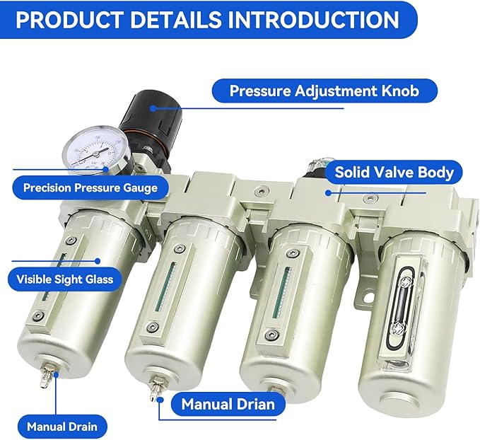 3/4" NPT Industrial Grade 4 Stage Air-Dryer-for-Compressor, Air-Compressor-Water-Separator-System for Plasma Cutter and Paint Spray, 3Filter&1Dryer System，Manual Drain
