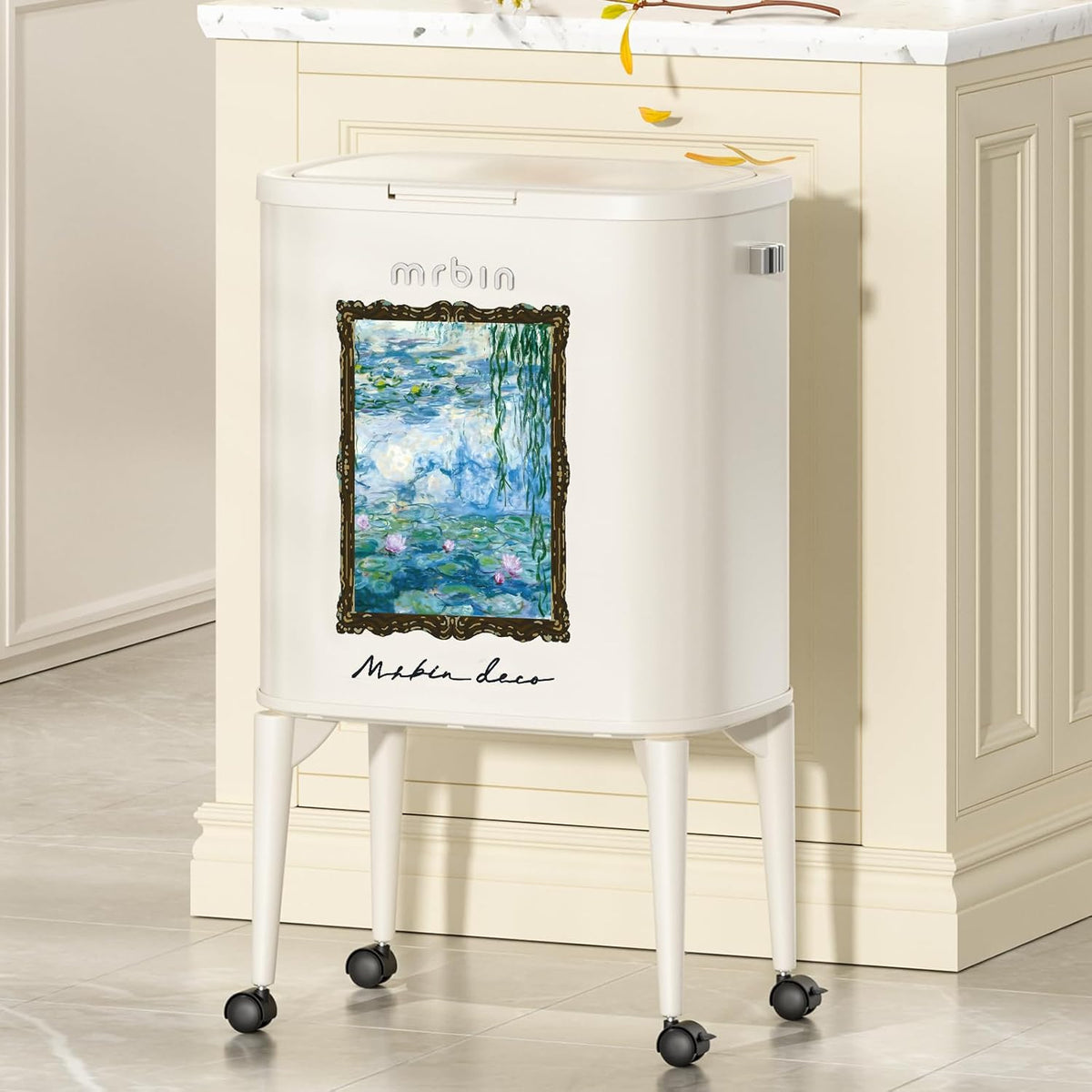 MRBIN Metal Kitchen Trash Can with Wheel Legs, 36L / 9.5gal Medium Press Lid Slim Removable Waste Basket, Pet Proof Tall Narrow Garbage Pail for Vanity, Bedroom, Bathroom, Living Room, Water Lily