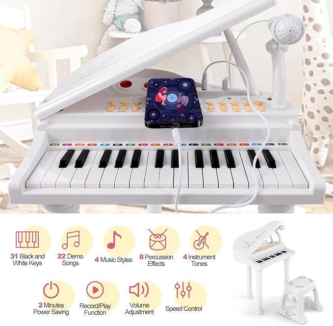 HONEY JOY Classical Kids Piano, 31-Key Toy Mini Grand Piano with Music Stand & Stool, Portable Electronic Educational Musical Instrument Toy w/ Microphone, Lights, Gift for Kids (White, 31 Keys)