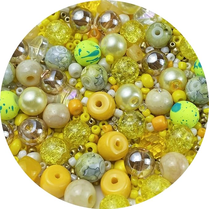 Assorted Glass Resin Beads Multi Size Colors Smooth Cracked Gravel Millet Spacer Beads for Bracelets Necklace Earring DIY Jewelry Making Craft(Yellow Series)