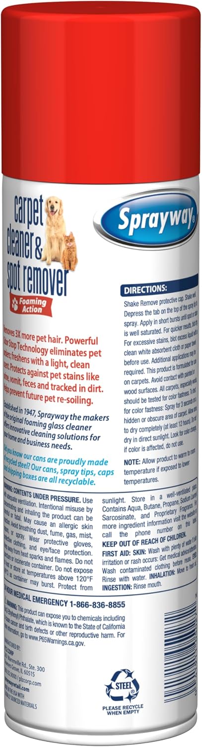 Sprayway Carpet Cleaner (Pet), 19oz | Removes Pet Stains & Odors, Foaming Action | Deep Cleans Carpets & Upholstery | Fresh Scent, Quick-Drying Formula