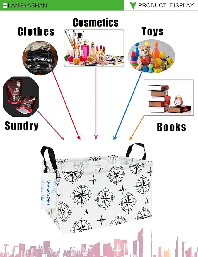 LANGYASHAN Rectangular Storage Bin Collapse Canvas Fabric Cartoon Storage Basket with Handles for Organizing Home Kitchen Boys and Girls Toys Office Closet Shelf Baskets (Rec Black Compass)
