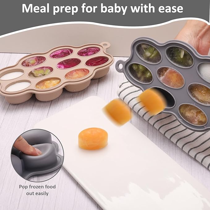 Silicone Baby Food Freezer Tray 2Pack Perfect Food Storage Containers for Homemade Baby Food, Fruit Purees, Breastmilk, Vegetable (Grey + Tan)